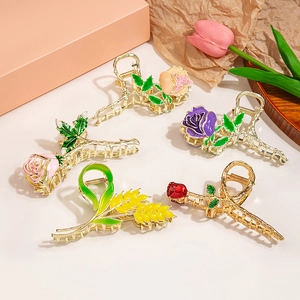 5-piece floral claw clip set with rose and wheat designs in gold finish and enamel