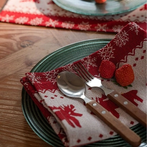 Christmas jacquard table runner with red reindeer snowflake patterns and cutlery set
