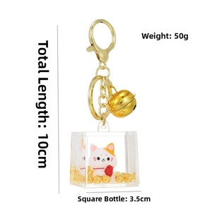 Detailed view of lucky cat keychain with 10cm total length and 3.5cm acrylic bottle