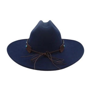 Detail of navy felt cowboy hat with turquoise beads on a brown leather decorative band