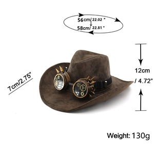 Brown suede steampunk cowboy hat with goggles and gear details dimensions display