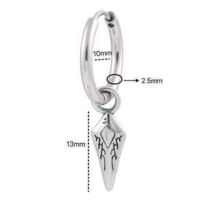 Detail view of silver stainless steel hoop earring with dimensions 10mm inner diameter