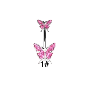 Pink butterfly belly button ring with sparkling wings and silver curved barbell bar