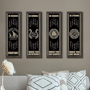 Set of 4 Viking wooden wall plaques with Nordic runes and symbols on black background