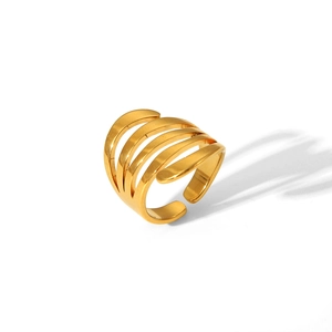 Detailed view of wide multi-layer spiral gold stainless steel adjustable open ring