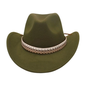 Close-up of olive green felt cowboy hat featuring star pattern decorative bands