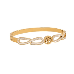 Golden Tree of Life bangle with infinity symbols and sparkling crystals on white background
