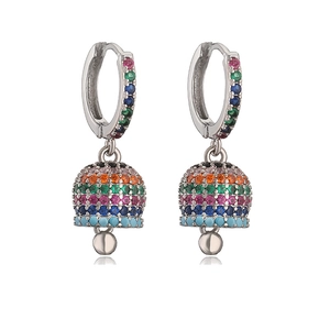 Detail of bell-shaped drop earrings featuring multi-color crystals and silver finish