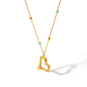 Retro 18K gold plated stainless steel heart necklace with green beads and lava pendant
