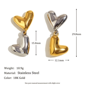 Two-tone 316L stainless steel heart drop earrings in 18K gold and silver with dimensions