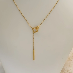 Elegant 18K gold-plated titanium steel Y-shaped necklace with geometric square pendants