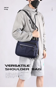 Detail of navy blue multi-pocket crossbody bag showing durable nylon and D-ring buckle