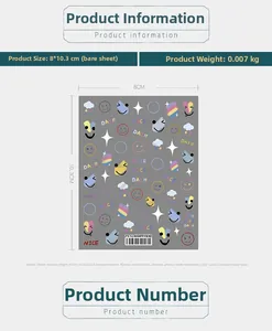 Detail of 5D nail art stickers with colorful smiley faces and rainbow patterns