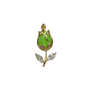 Gold-plated tulip pendant featuring green cat-eye stone and shimmering zircon inlay