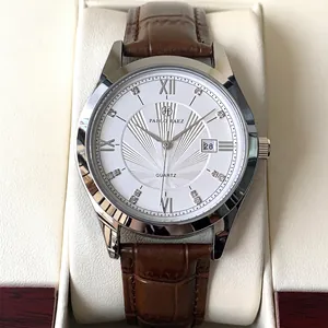 Pablo Raez Men Quartz Watch Stainless Steel Case Faux Leather Strap Casual Business Wristwatch With Calendar Roman Numerals