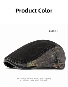 Detail view of the bronze metal adjustable buckle on a washed denim newsboy cap