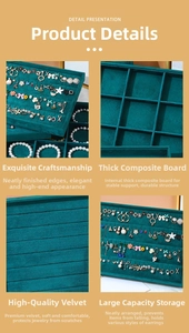 Detail view of green velvet jewelry tray showing soft texture and partitioned ring slots