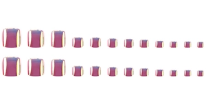 Detail view of 24 pieces of gradient metallic polar toe nails in pink and purple tones