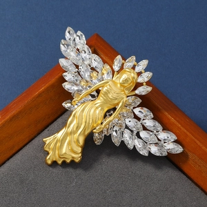 Elegant matte gold angel brooch with sparkling crystals and rhinestones for women