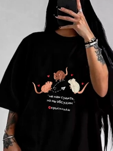 Γυναικείο Βαμβακερό T-Shirt Κοντομάνικο Στρογγυλή Λαιμόκοψη Σχέδιο Ποντίκι Ρωσικά Γράμματα Casual Oversized Streetwear Μπλούζα