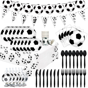 Detail of soccer themed party tableware set including paper plates cups and napkins