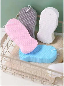 Close-up of 3D fish scale texture and hanging rope on multi-color soft bath sponges