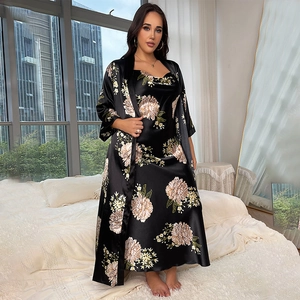 Women's plus size floral satin sleepwear set with long kimono robe and slip nightgown