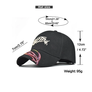 Detail showing 3D fish bone embroidery and colored side stitching on black baseball cap