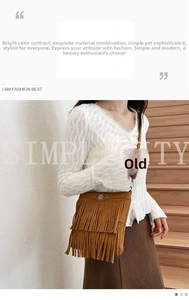 Detail of bohemian brown suede crossbody bag with multi-layer tassel design and metal buckle