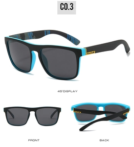Detailed front and back views of black and blue polarized sunglasses for men