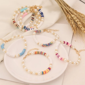 Bohemian Beaded Bracelet With Polymer Clay Imitation Artificial Pearl And Alloy Lobster Clasp For Women Girls Beach Jewelry