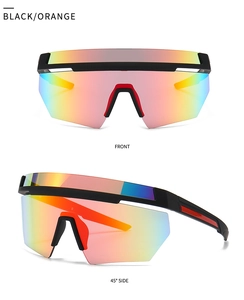 Front and 45-degree side view of oversized black sunglasses with orange reflective lenses