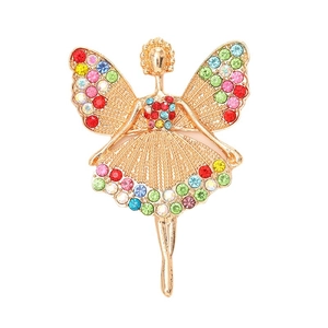 Sparkling ballerina brooch with colorful rhinestones on a polished golden base