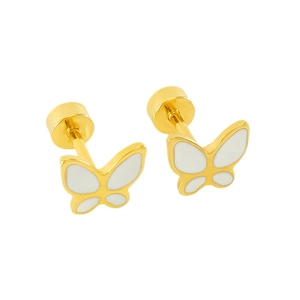 Boucles d'oreilles papillon or 18K avec émail blanc et fermoir à vis sécurisé