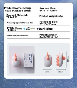 Detail view of mouse-shaped scalp massager brush with dimensions and product specifications