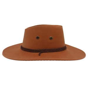 Close-up of brown western cowboy hat featuring twisted rope trim and metal eyelets