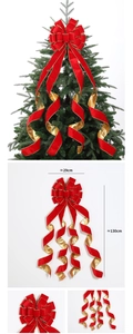 Large red velvet Christmas tree topper bow with gold edges measuring 29cm by 130cm