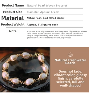 Detail view of handmade natural freshwater pearl bracelet with gold-plated wire wrapping