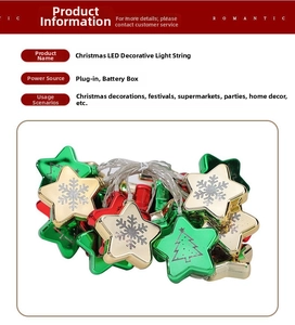 Close-up of colorful star-shaped LED fairy lights with snowflake and tree patterns