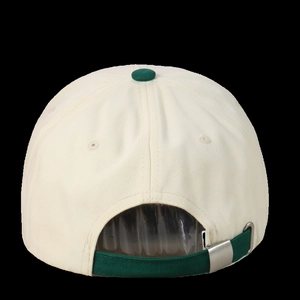 Detail view of cotton baseball cap back with dark green adjustable strap and silver metal buckle
