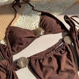 Detail of dark brown bikini with metallic gold shell accents on a summer background