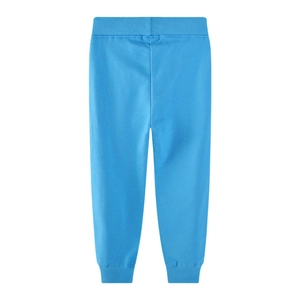 Front view of bright blue kids cotton joggers with elastic ribbed waist and cuffs