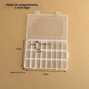 Detailed view of a 24-compartment PP transparent storage box with precise dimensions