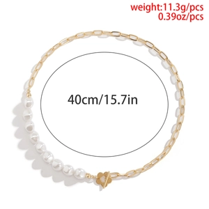 Detail of half-pearl half-link necklace showing size specs and floral toggle clasp