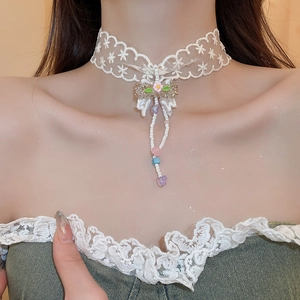 White Lace Choker Necklace With Bow Pink Flower And Beaded Tassel Butterfly Pendant Sweet Romantic Jewelry For Women