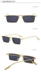 Three-angle view showing gold metal frame sunglasses with black lenses and model info