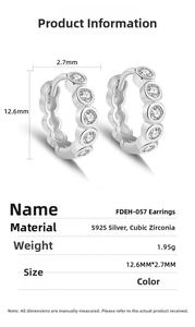 Detailed S925 sterling silver hoop earrings specification chart with cubic zirconia dimensions