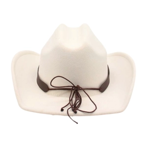 Detail of a creamy white western cowboy hat with brown leather band and decorative knot