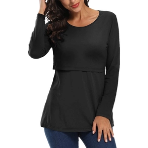 Black long-sleeve cotton nursing top for women with layered opening for breastfeeding