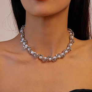 Intertwined Imitation Artificial Pearl Choker Necklace Copper Silver Tone Thick Chain Industrial Style For Women Unique Gift